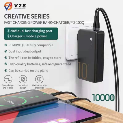 V2S PD-100Q QC3.0 10000Mah Super Fast Charger Speed Power Bank Folding Plug (20watts)