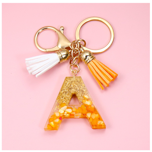 Tassel Gold Foil A-Z 26 Letter Pendent Keychain for Women Orange Resin Keyrings Girls Bag Ornamant Accessories Charms Gifts A