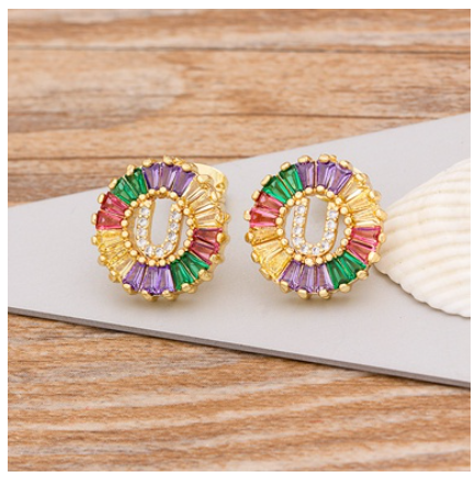 Colorful Choice 26 Initial Letters Earrings Cute Alphabet Copper CZ A-Z Rainbow Stud Earrings Name Jewelry U