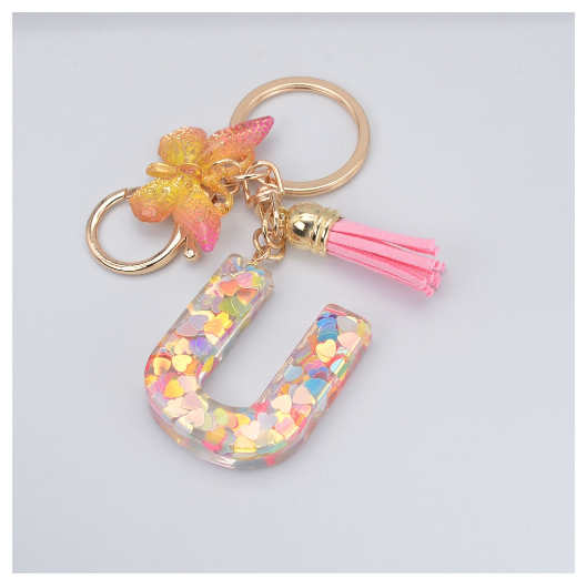Exquisite 26 Letter Resin Keychain with Pink Tassel Gradient Butterfly Pendant Key Ring Women Bag Ornaments Accessories U