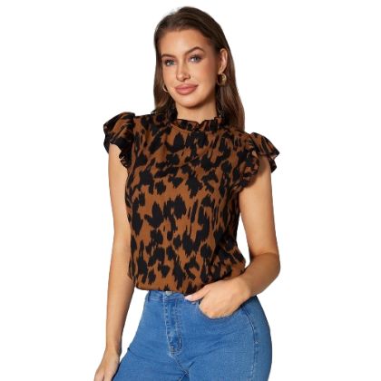 Lovito Women Casual Geometric Frill Sleeve Blouse LBA05015 (Multi-color)