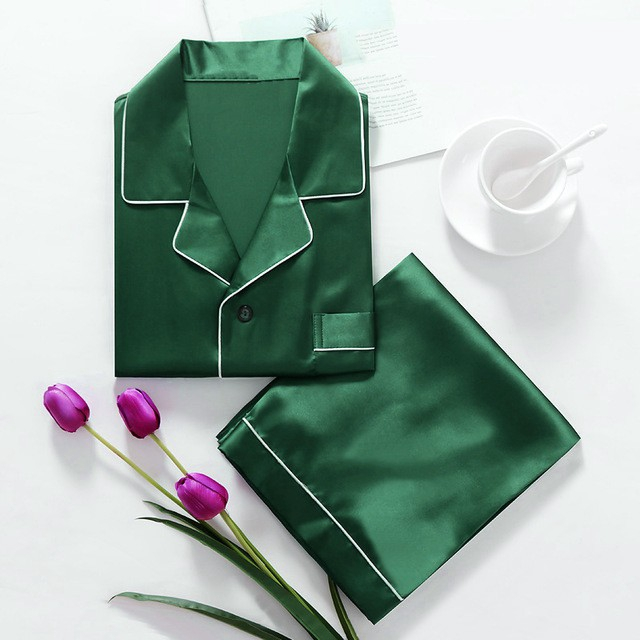 FallSweet Pajamas Sets For Women Silk Solid Sleepwear Plus Size Nigtwear Sets 5XL (Green)