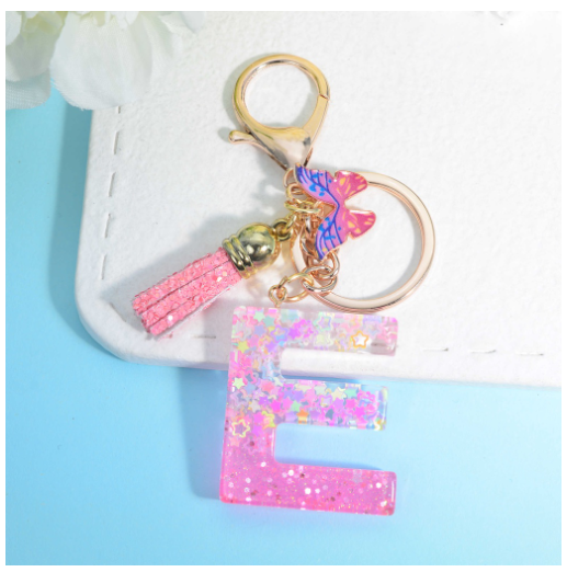 Glitter Star Sequin Filled 26 Letter Keychains With Butterfly Pendant Fashion Tassel Name Initials Key Chains Car Keyrings Gifts E