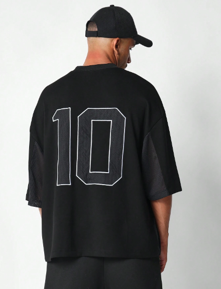 SUMWON Oversized Fit Multi Panel Mesh Tee With Front Graphic Print & Back Mesh Number Applique