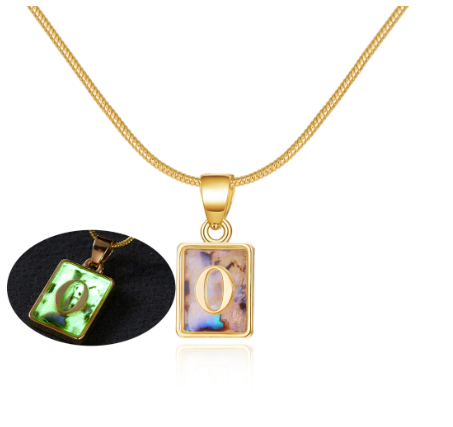 18K Gold 26 Letter Square Colorful Nightlight Pendant Snake Bone Chain Necklace English Letter Pendant Necklace O