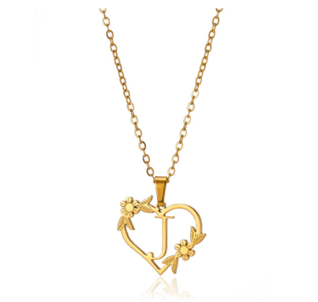 New Personalized Creative Gold Plated Stainless Steel Love Flower Hollow Heart A-Z Letter Necklace Initial Name Pendant Women's J
