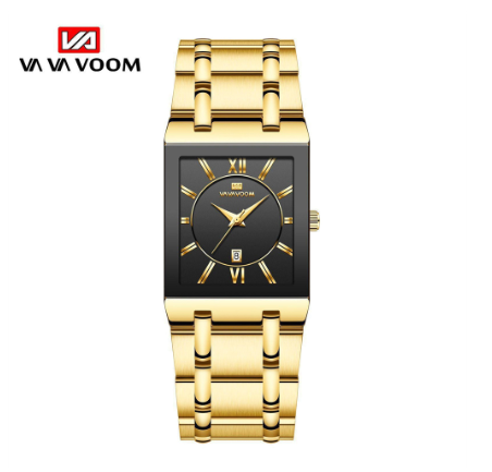 VA VA VOOM Men Square Watch Waterproof Mens Watches Top Brand Luxury Golden Quartz Stainless Steel Waterproof Wristwatch GOLD BLACK