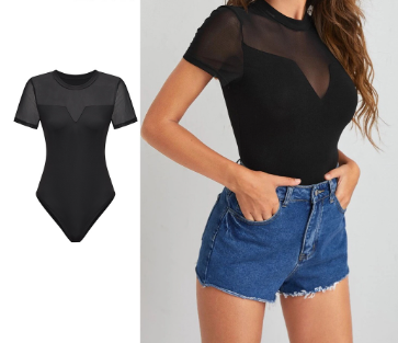 Women Casual Plain Fabric Stitching Bodysuit L71ED288 Black