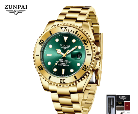 ZUNPAI Watch for Men Original Waterproof Stainless Steel Silver Gold Fashion Business Trend Calendar Luminous Watch  GOLD GREEN