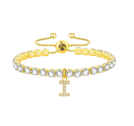 Vnox Cubic Zircon Letter Bracelet for Women Girl,18K Gold Handmade Initial Tennis Shiny Wedding Chain Link Jewelry Gift I