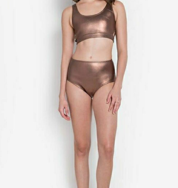 Women High Waist Sporty Metallic Neoprene Two-Piece Swimsuit