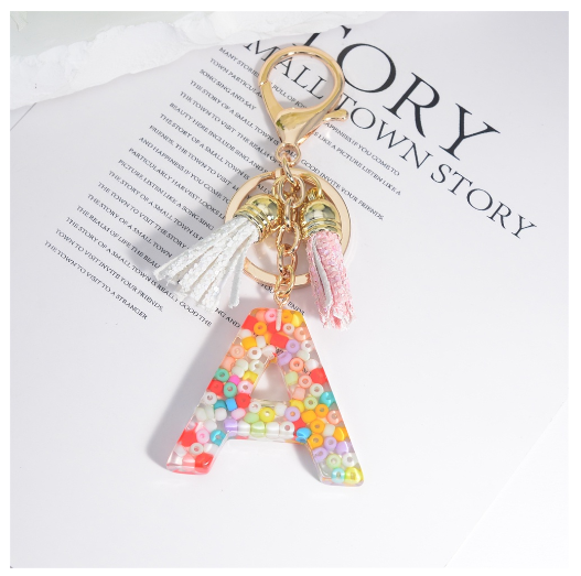 Colorful Beades Filled A-Z 26 Letter Keychains For Women Fashion Initials Keyring With Tassel Bag Pendant Accessories Souvenir A