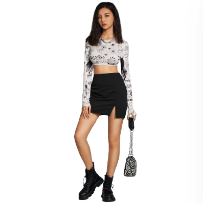 Lovito Casual Plain Split Mini Skirts For Women L20D1127 (Black)