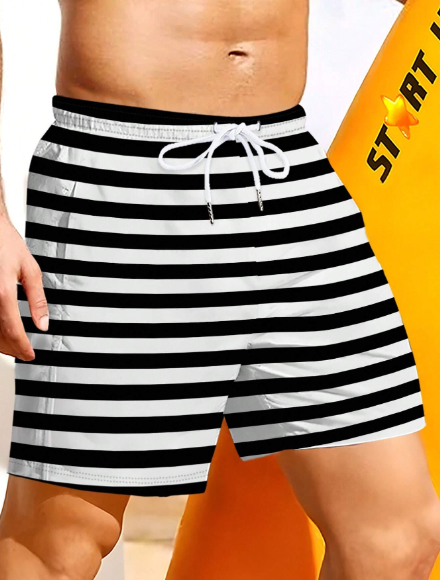 Men's Loose Striped And Printed Drawstring Waistband Vacation Beach Shorts Swim Trunks
