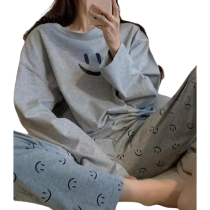 Lovito Women Casual Cartoon Pattern Long Sleeve Pajama Sets LNA38125 (Grey)