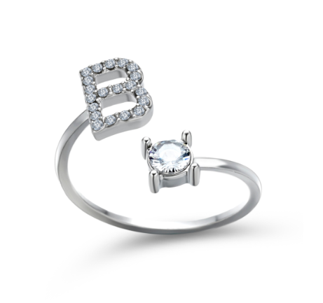 Silver A-Z Letters Ring for Women Cubic Zirconia Initial Letter Ring Fashion Jewelry Gift Adjustable B