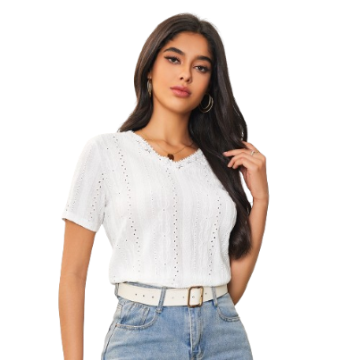 Lovito Women Casual Plain Fabric Stitching Textured T-Shirt LBA05006 (White)