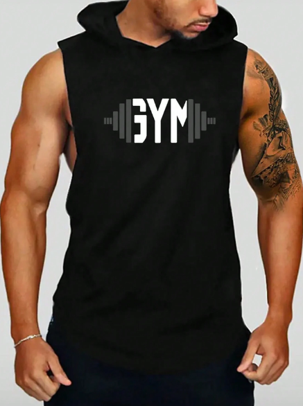 Men's Summer Sports Casual Barbell Print Hooded Tank Top Suitable For Fitness