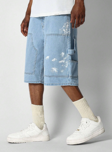 SUMWON Denim Carpenter Jorts With Paint Print