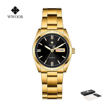 Wwoor Women Watches Stainless Steel Quartz Wrist Watch Creative Design Ladies Clock Female Watch BLACK DIAL GOLD CASE STRAP