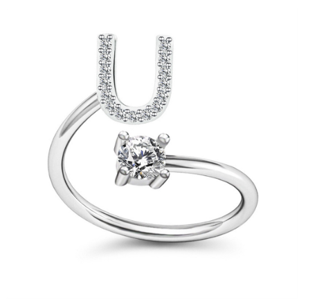 Simple Rhinestone 26 Letter Rings For Women Sliver Color Initials Adjustable Ring Opening Finger Accessories Wedding Jewelry U
