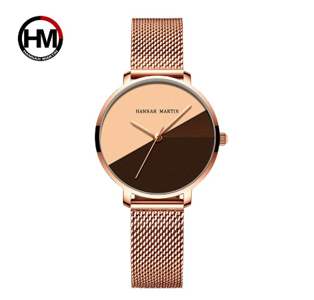 Hannah Martin Fashion Quartz Wrist Watches For Women Gold Luxury Women Watches Waterproof Ladies Watch Stainless Steel Watch COFFEE