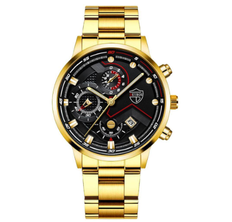 Chrono Mens Watches Quartz Business Wacthes Men Stainless Steel Three Eyes Sports Waterproof Wristwatch GOLD BLACK