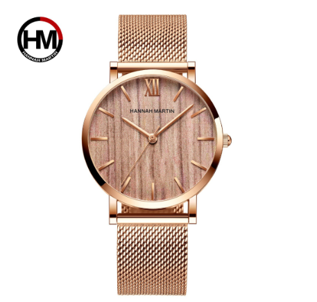 Hannah Martin Watch for Women Japan Movement Quartz Watches Waterproof Imitation Wood Grain Wristwatch COFFEE