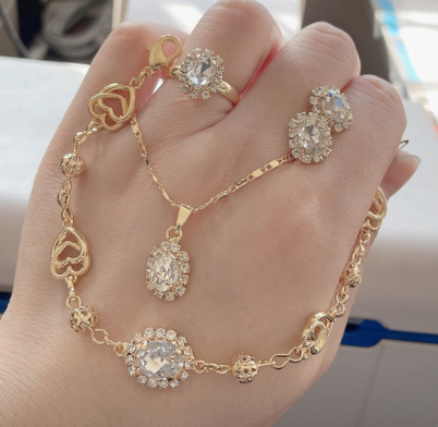 14k Bangkok class A Zircon 4in1 Set Earrings Necklace bracelet Ring