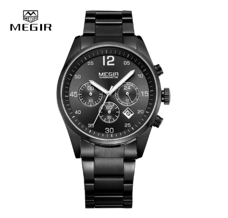 MEGIR Black&Silver Full Steel Business Quartz Analog Men's Wristwatch Waterproof Chronograph 02