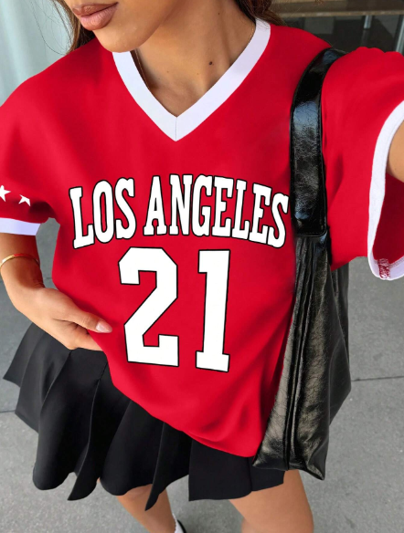 SHEIN EZwear Women's Summer Sporty Casual V-Neck Short Sleeve T-Shirt With Letter Print