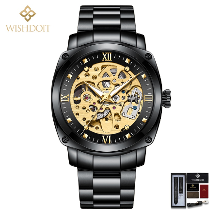 WISHDOIT Automatic Mechanical Watch for Men Original Waterproof Stainless Steel Silver Gold Business Fashion Trend LuminouS Watch ALL BLACK