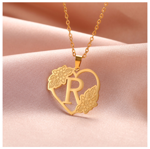 A-Z Initial Flower Necklace Women Stainless Steel Letter Heart Pendant Necklace Choker R