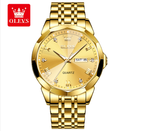 Olevs Original Watch For Men Water Proof Stainless Steel Business Fashion Relo Quartz Analog Calendar Luminous Wrist  Watch GOLD DIAL GOLD STRAP