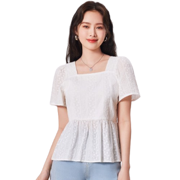 Lovito Casual Plain Eyelet Embroidery Puff Sleeve Blouse for Women LNE16177 (White)