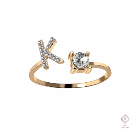 26 Letter Rings Cubic 14K Gold Promise Ring Diamond Ring Wedding 925 Silver Ring Adjustable Size K