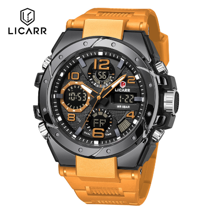 LICARR Brand Casual Men's Watches Original Waterproof Military Sport Men Watch Fashion Chrono Date Week Alarm Clock 9515 BLACK ORANGE