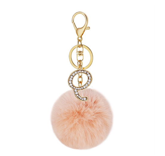 New 26 Letter Rhinestone Alloy Keychain Charm Girls Pink Pompom Key Ring Car Key Holder Women Bag Ornaments Accessories Q