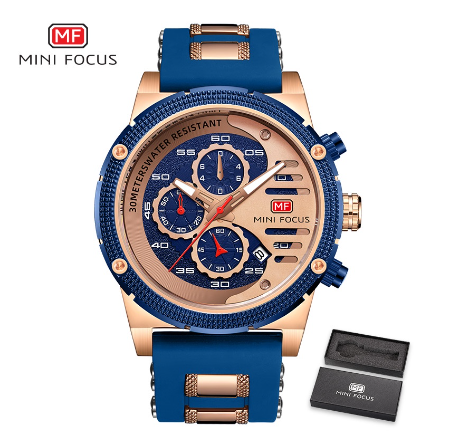 Mini Focus Watch Men Sports Waterproof Chronograph Analog Quartz Fashion Silicone GOLD BLUE
