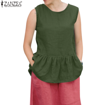 ZANZEA Women Europe Leisure O-Neck Sleeveless Pleated Tank