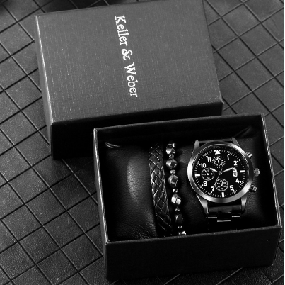 Casual Full Black Steel Band Quartz Wristwatch for Men Luminous Hands With 2Pcs Cuff Bangle Gift Set Box