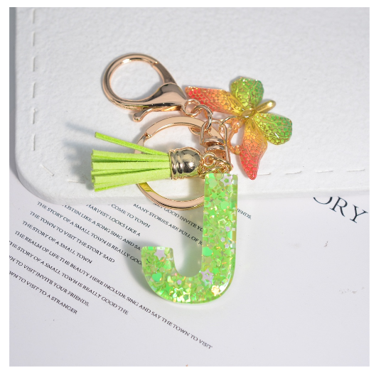 Glitter Green 26 Letter Resin Keychain Fashion Sequin Filled A-Z Alphabet Keyrings For Women Car Key Holder Accessories Souvenir J