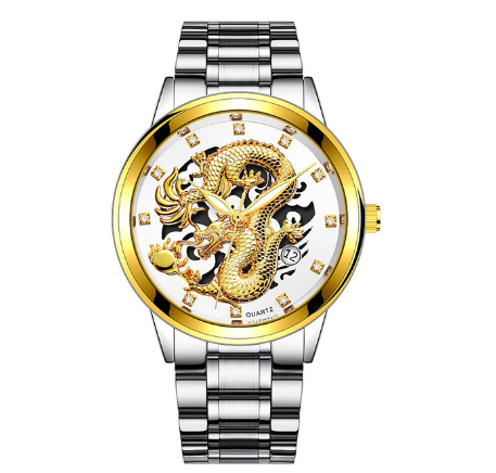 Creative Embossed Chinese Dragon High-end Business Calendar Watch Diamond-studded Steel Band Men's Quartz Watch 0011