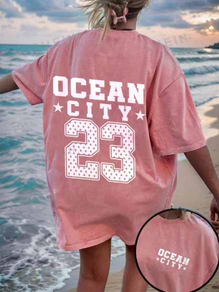 SHEIN EZwear Ocean Numeric Print Oversized T-Shirts, Casual Round Neck Short Sleeve Loose Fit Women's Tee