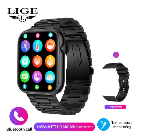 LIGE HD Screen Smart Watch 100+ Sport Modes Thermometer Fitness Health Heart Rate Monitor 1.85 inch Bluetooth Call Digital QX7 Watch STEEL BLACK