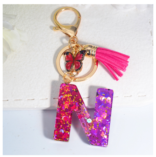 Fashion Gradient A-Z Letter Keychains Sweet Butterfly Tassels Pendant Alphabet Keyrings Name Initials Key Chains Accessories N
