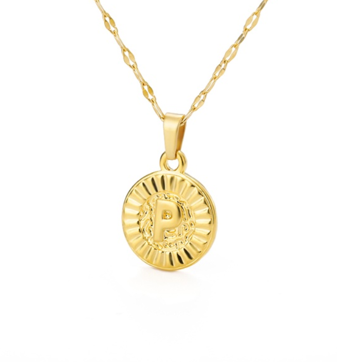 Maxzone A-Z Initial Round Letter Pendant Necklace For Women Stainless Steel Gold Choker Coin Letter Necklace P