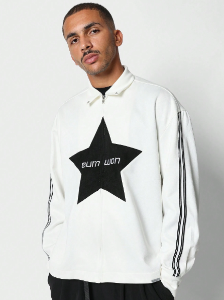 SUMWON Oversized Fit Zip Jacket With Front Star Graphic Print And Stripe On Sleeve
