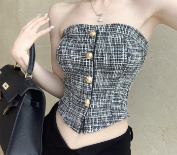 Lovito Casual Plain Button Tweed Top for Women LNE16058 Black and White