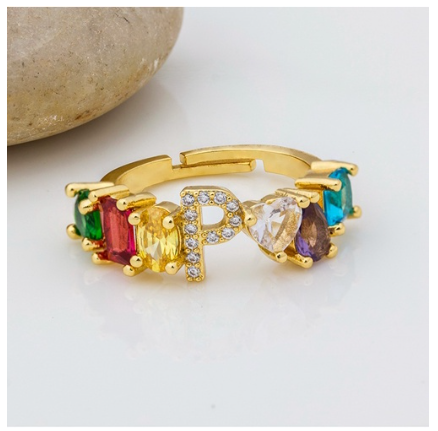 Hot Sale Adjustable A-Z 26 Initial Ring Bohemian Copper Zircon Rainbow Letter Rings for Women Girls Jewelry P